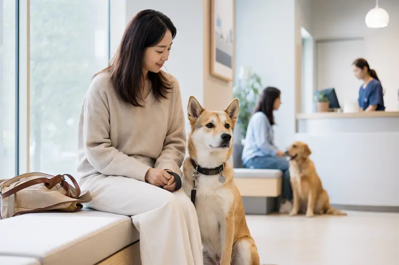 Koreanischer Jindo Hund sitzt ruhig neben seinem Besitzer im hellen Wartezimmer einer modernen Tierarztpraxis.
